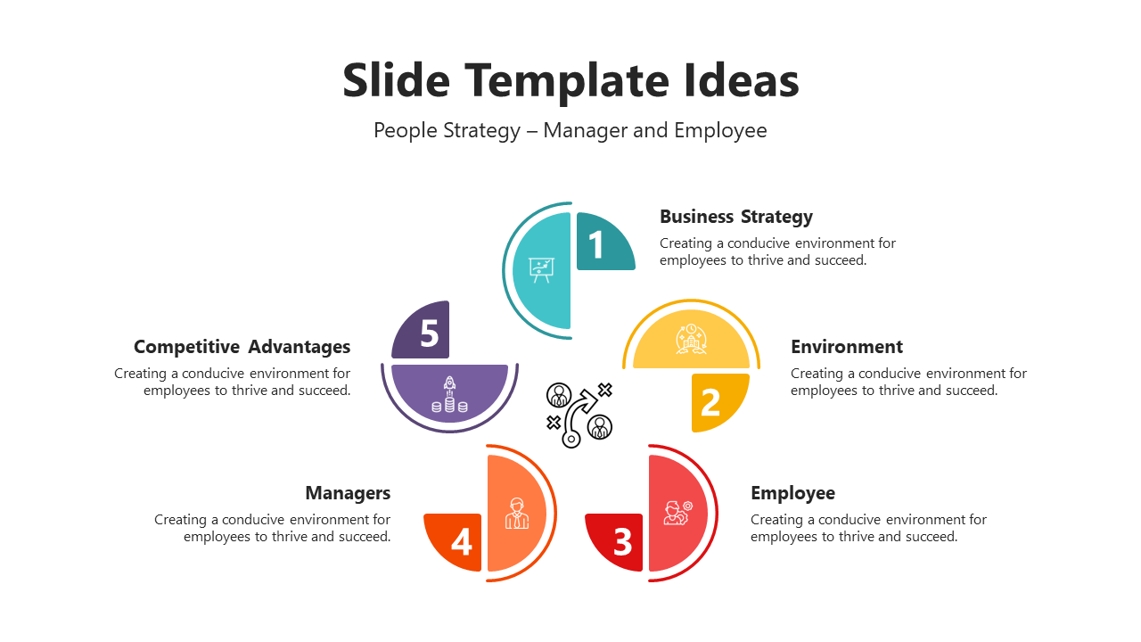 A colorful circular flowchart displaying key elements with descriptions on a white backdrop with icons.
