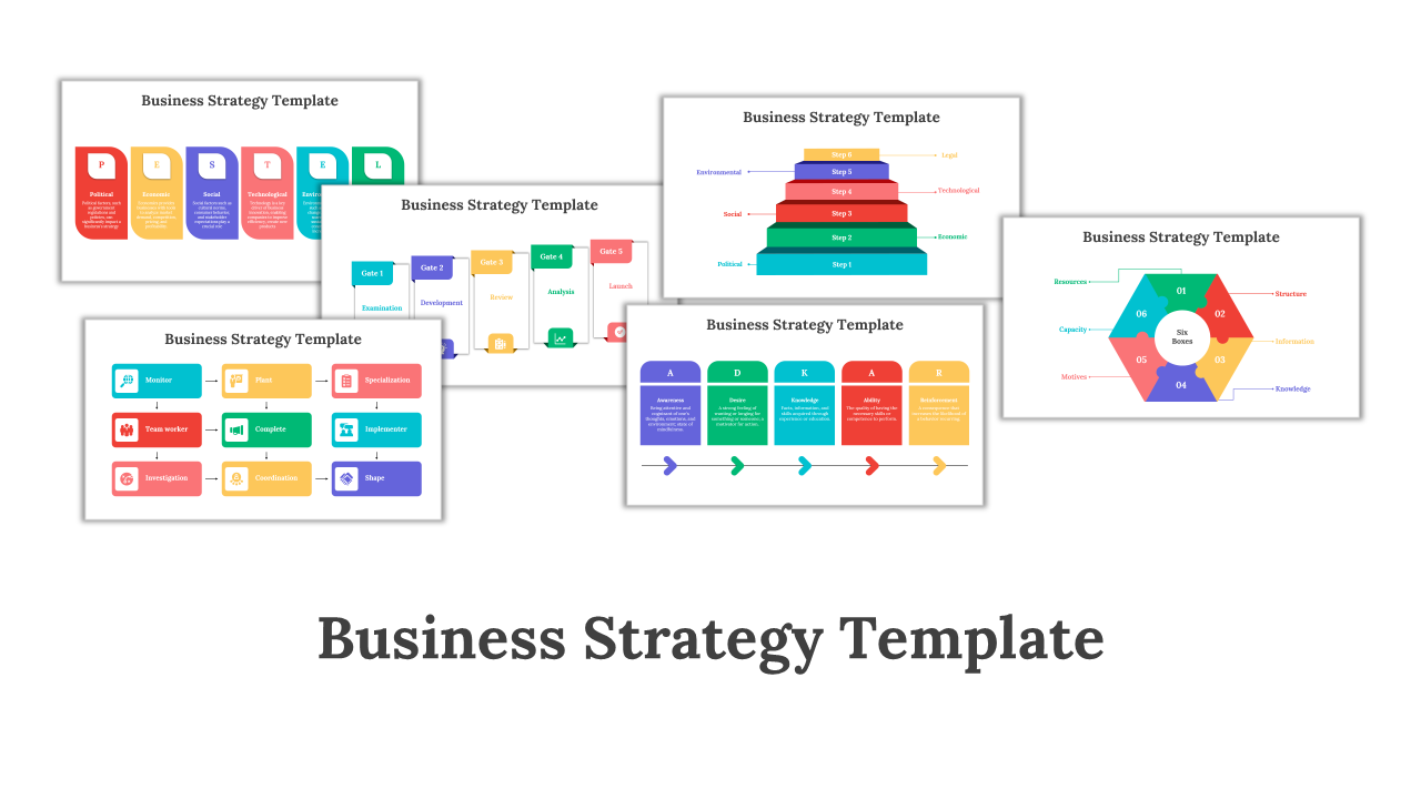 Six business strategy templates arranged in a grid, each illustrating concepts of PESTEL, gates, and step processes.
