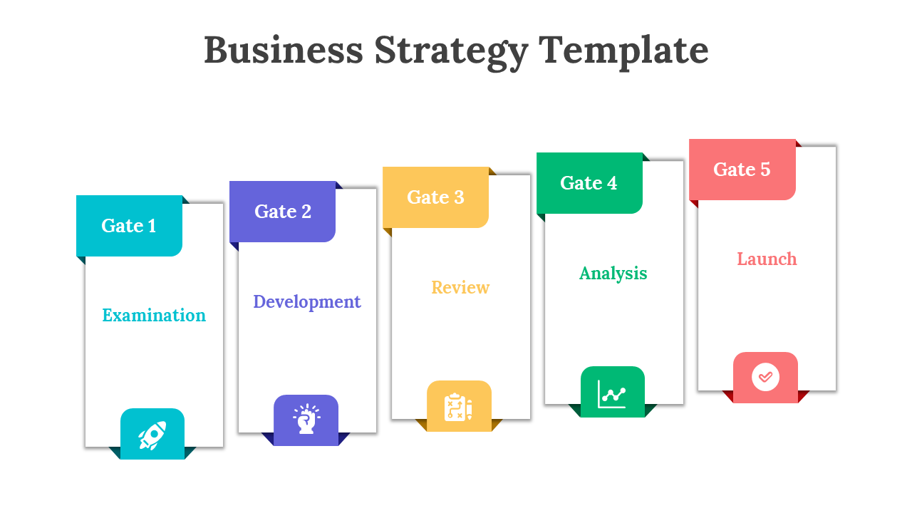Slide five blocks in blue, purple, yellow, green, and red, each representing a phase in the business strategy flow.