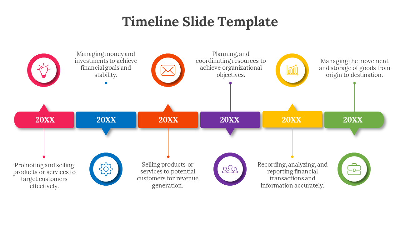 Colorful timeline with six steps in pink, blue, orange, purple, yellow, and green, each represented by circular icons.