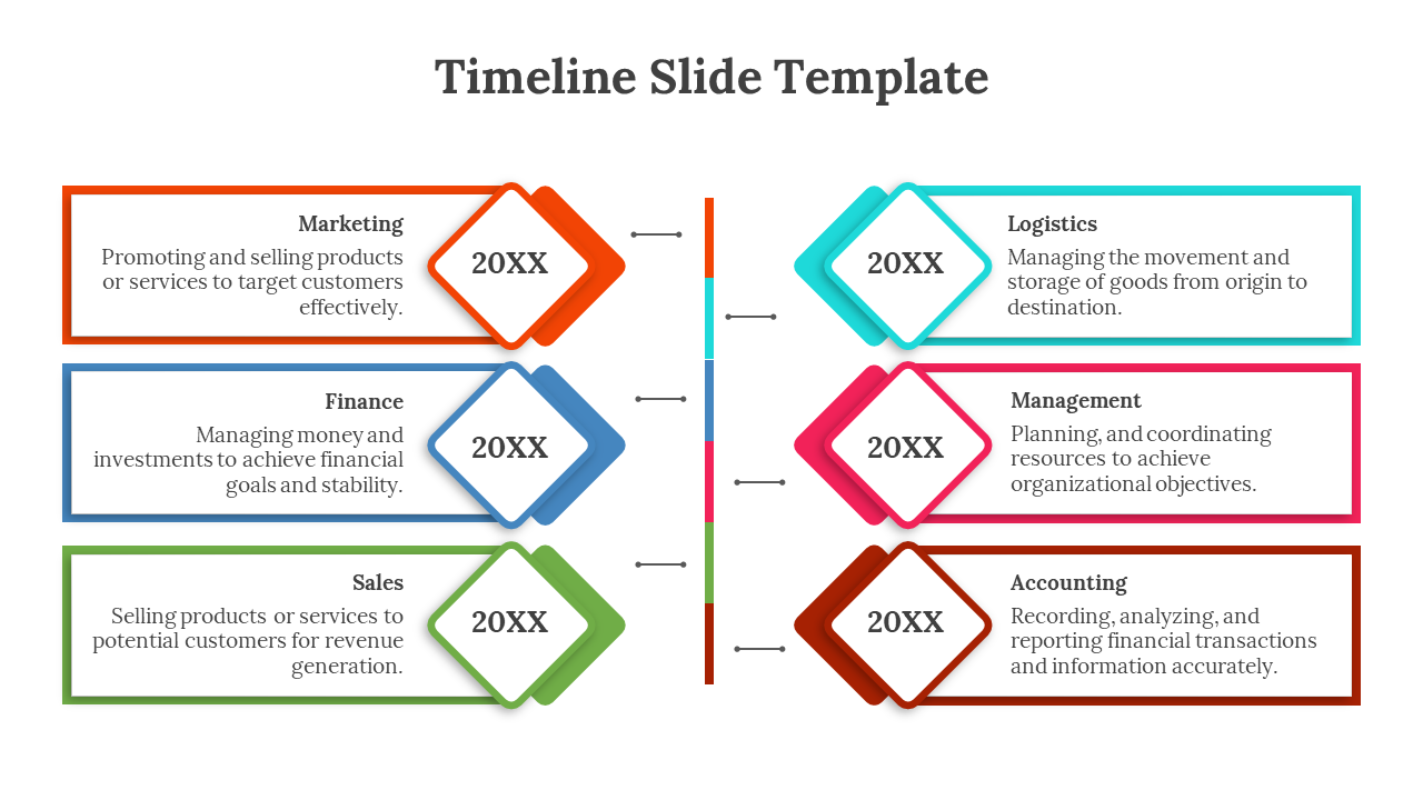 Timeline with six rectangular blocks in orange, blue, green, teal, pink, and red, each with a diamond year placeholders.