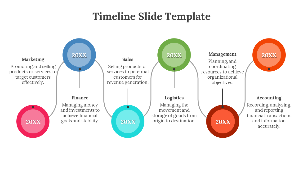 Timeline slide with six numbered circles in pink, blue, teal, green, red, and orange, connected with lines.