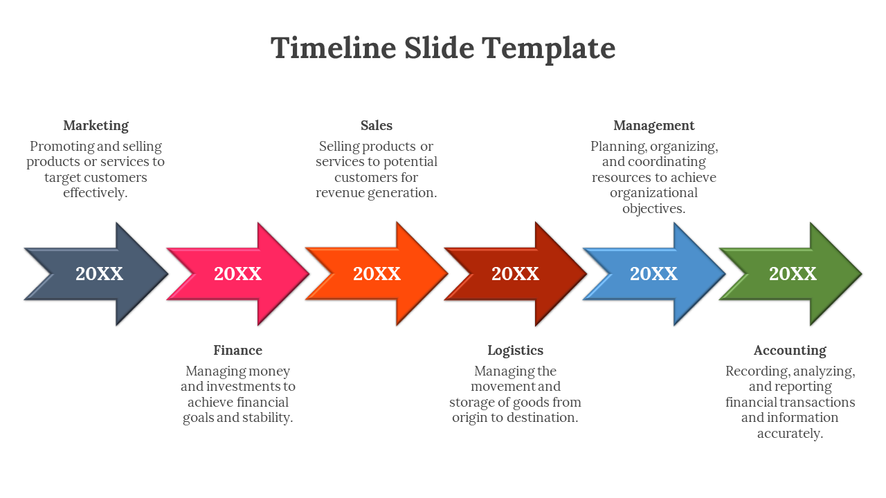Timeline with six arrows in gray, pink, orange, red, blue, and green, representing different stages in a business process.