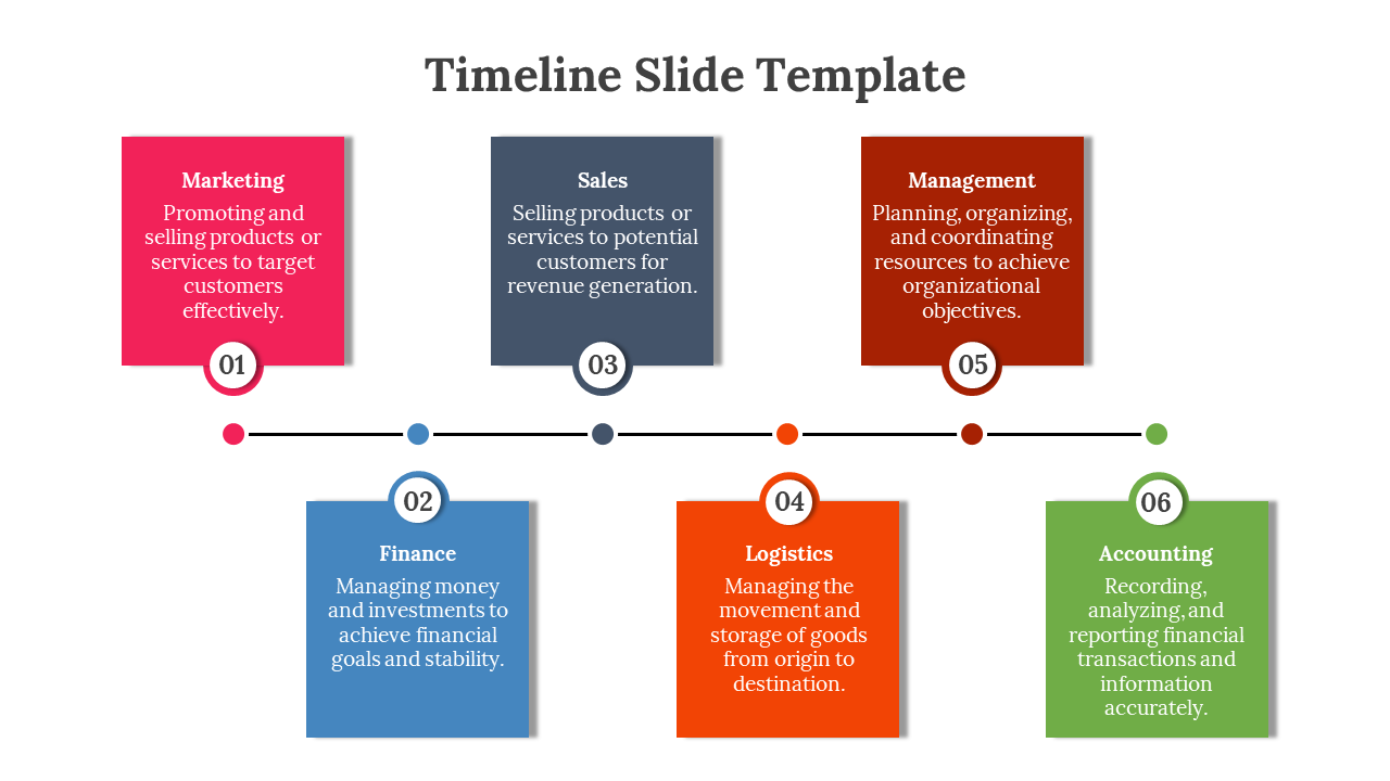 Horizontal timeline with six colored blocks in pink, blue, gray, orange, red, and green, connected by black lines.