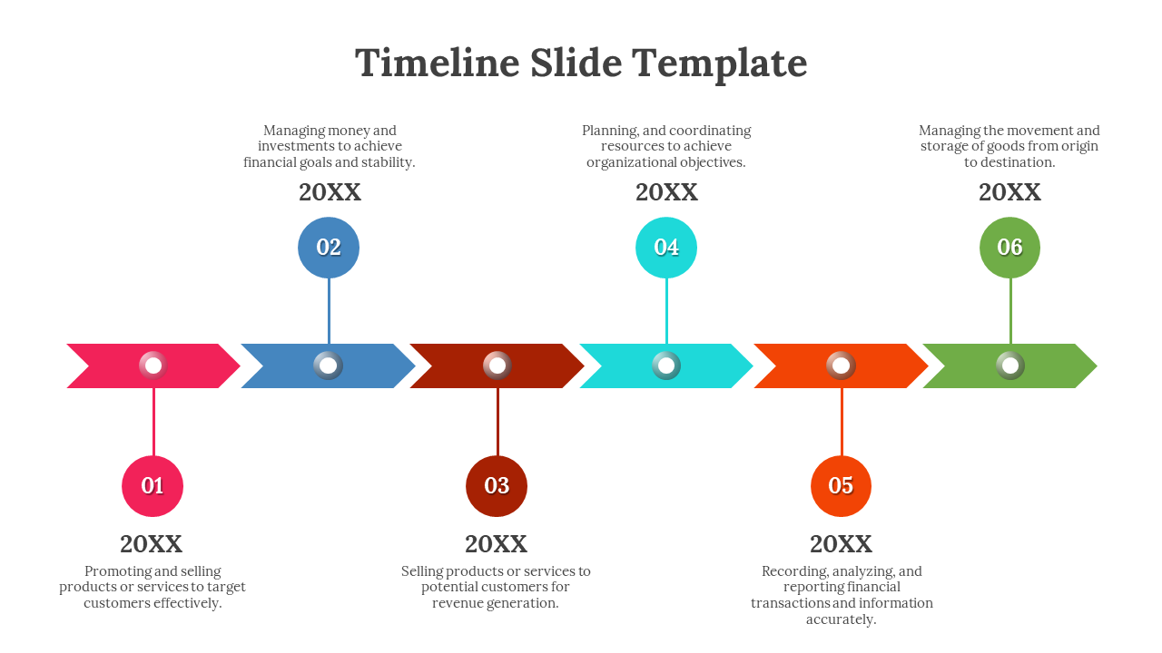 Timeline slide with numbered arrows in pink, blue, red, teal, orange, and green, each depicting a business process.