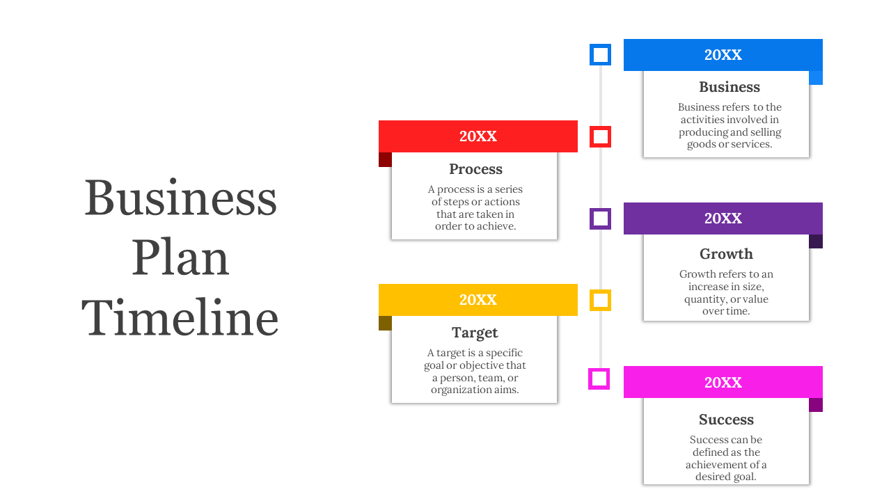 Vertical layout with colorful blocks in red, yellow, blue, purple, and pink, each displaying business terms with text.