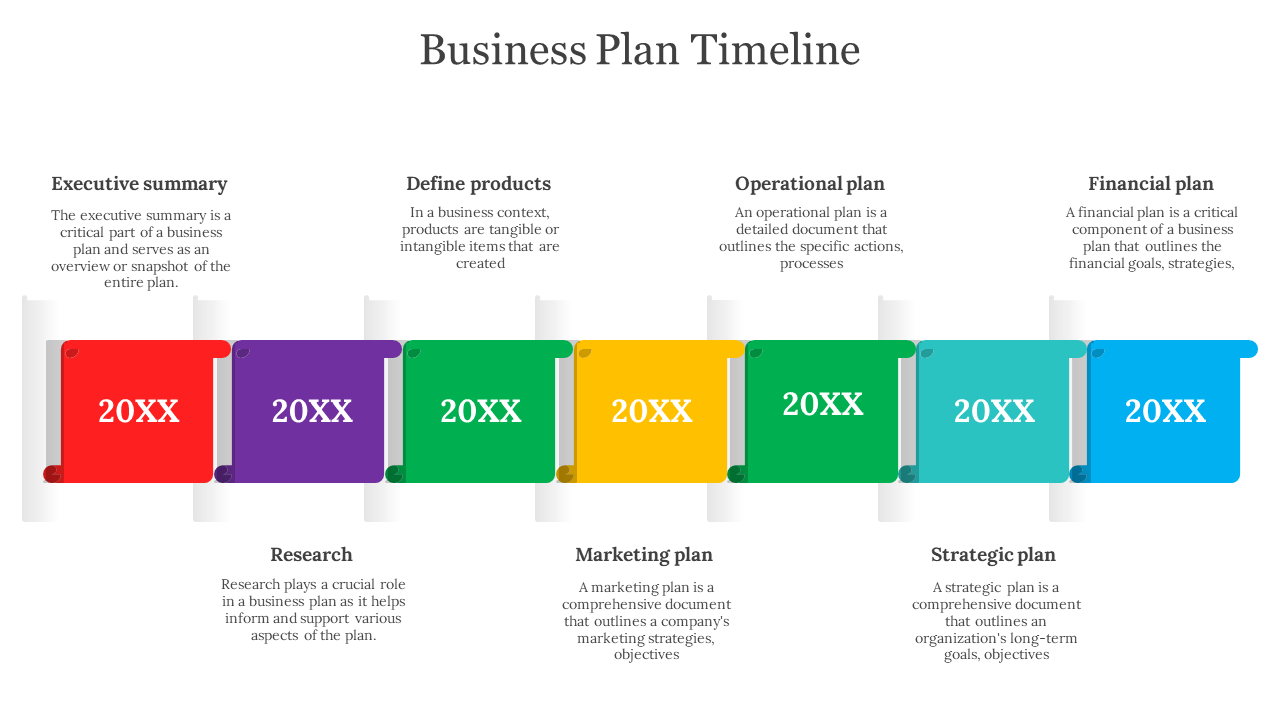 Timeline with seven colorful blocks in various shades, aligned horizontally, each with a space for year placeholders.