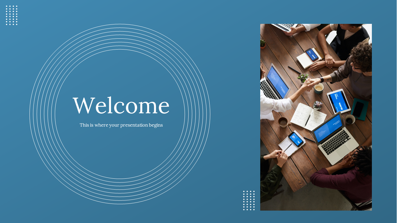 Blue background with concentric circles framing a welcoming message next  to a team working together at a table.