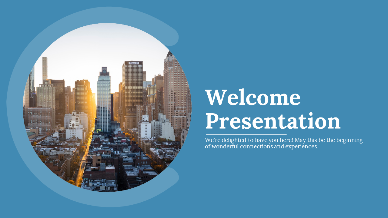 Circular cutout revealing a city skyline with a blue background and a white title for a welcoming presentation.