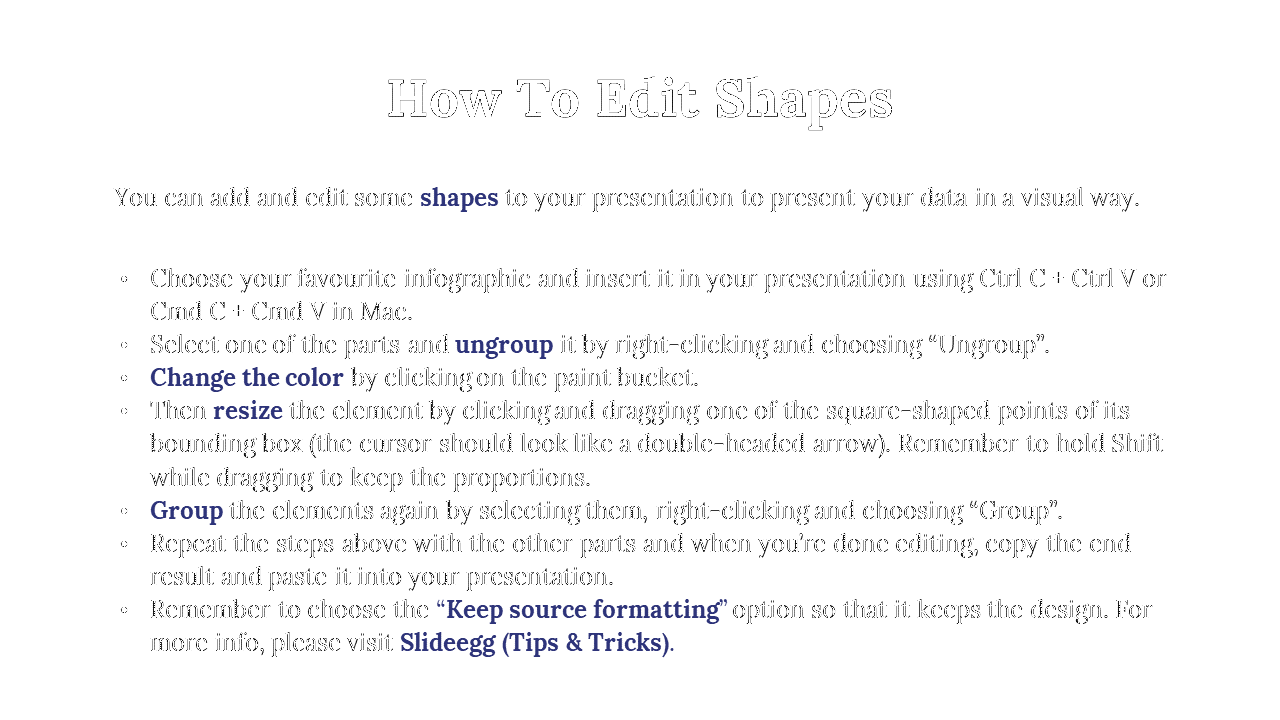 Instructional slide explaining how to edit shapes in PowerPoint, with steps in bullet points and highlighted terms in blue.