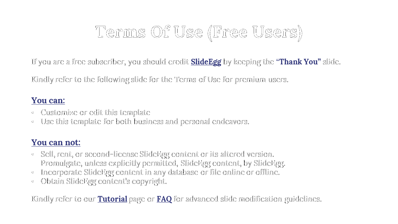 White background slide with black text, detailing terms of use for free users, featuring blue links and bullet points.