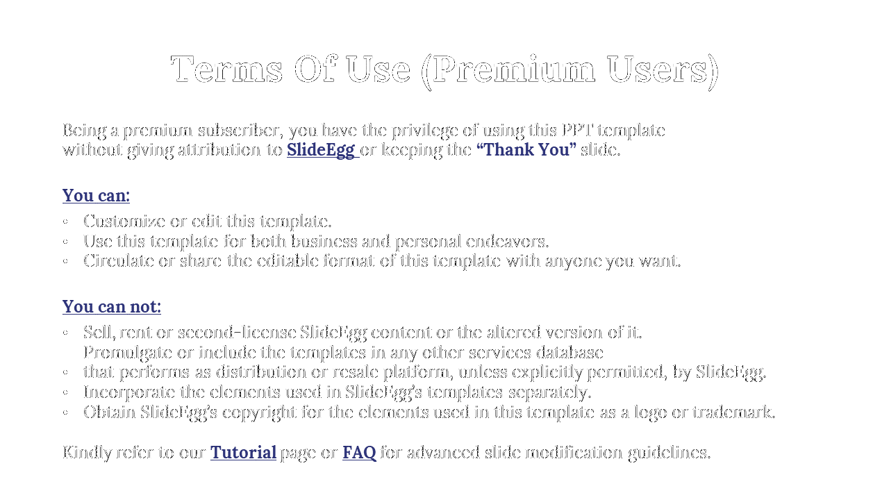 Terms of use slide for premium subscribers, explaining customization rights and limitations on using templates commercially.