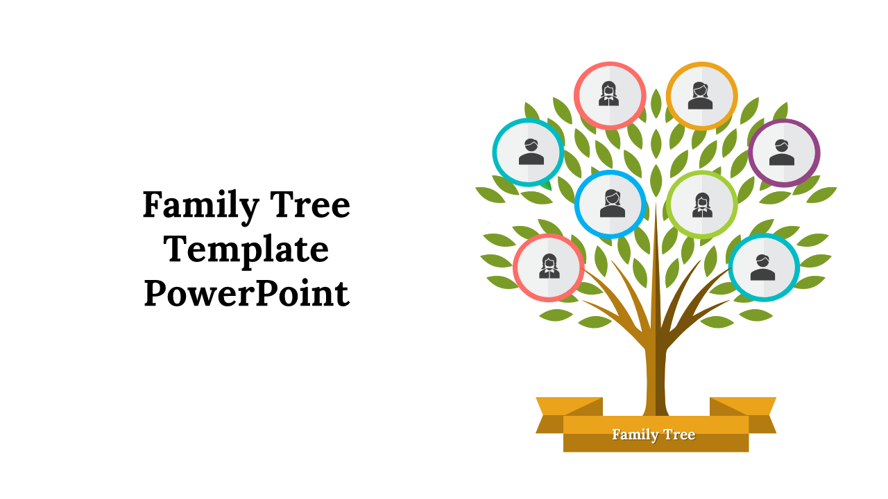 Slide deck showcasing various family tree designs with trees, portraits, and colorful layouts on a white background.