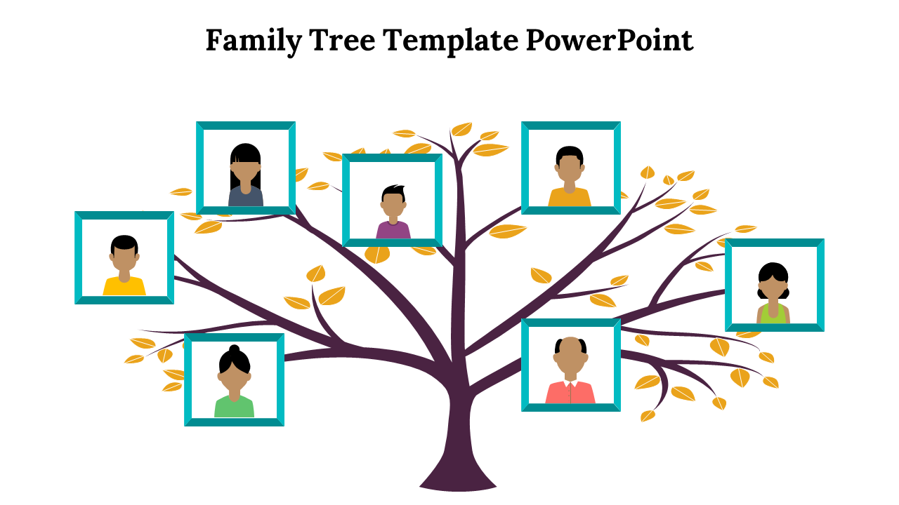 Family tree template with illustrated characters in blue square frames, connected by branches on a tree with yellow leaves.