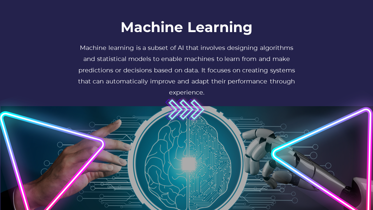A futuristic machine learning slide featuring a digital brain and a robotic hand, illuminated by neon triangular lights.