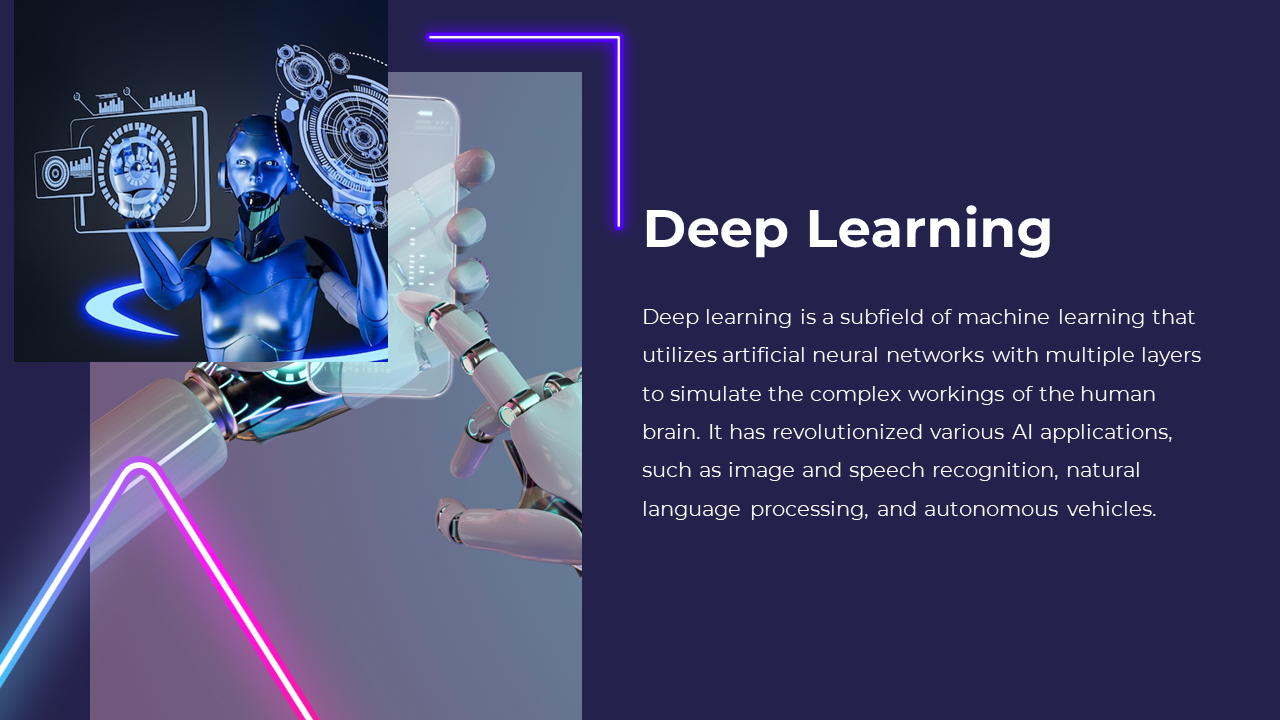 A deep learning slide featuring a futuristic robot interacting with digital data, symbolizing neural networks and AI.