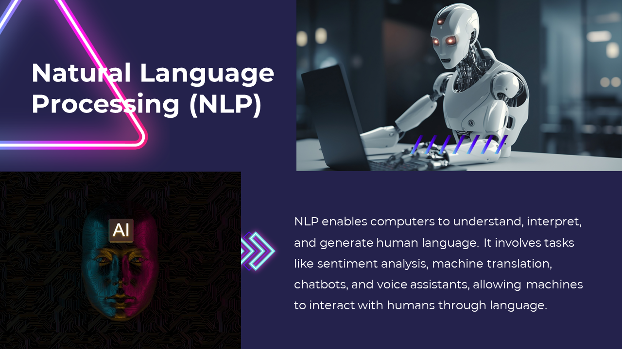 An illustration for NLP with a humanoid robot processing language tasks, accompanied by a futuristic AI face visualization.