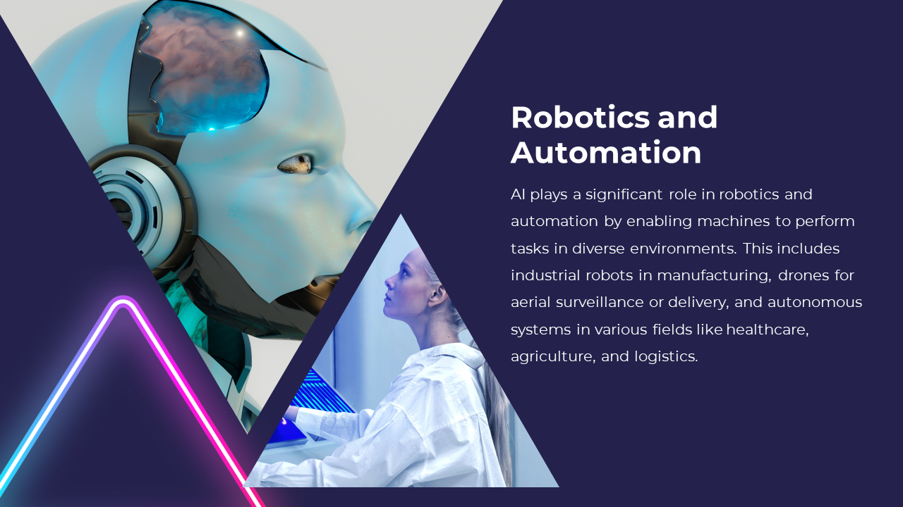 A slide on robotics and automation with AI, featuring a humanoid robot and a researcher working with robotic equipment.