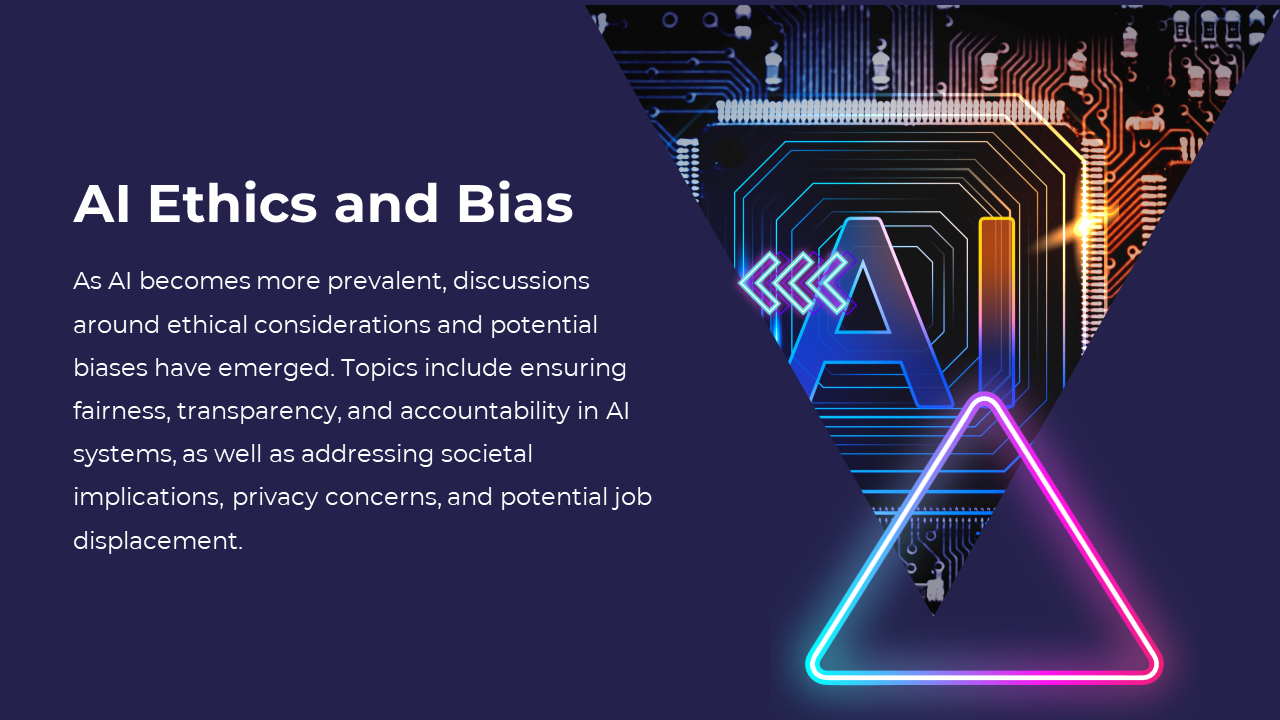 A slide on AI ethics and bias with an image of a microchip and the symbol, highlighting ethical issues on a dark theme.