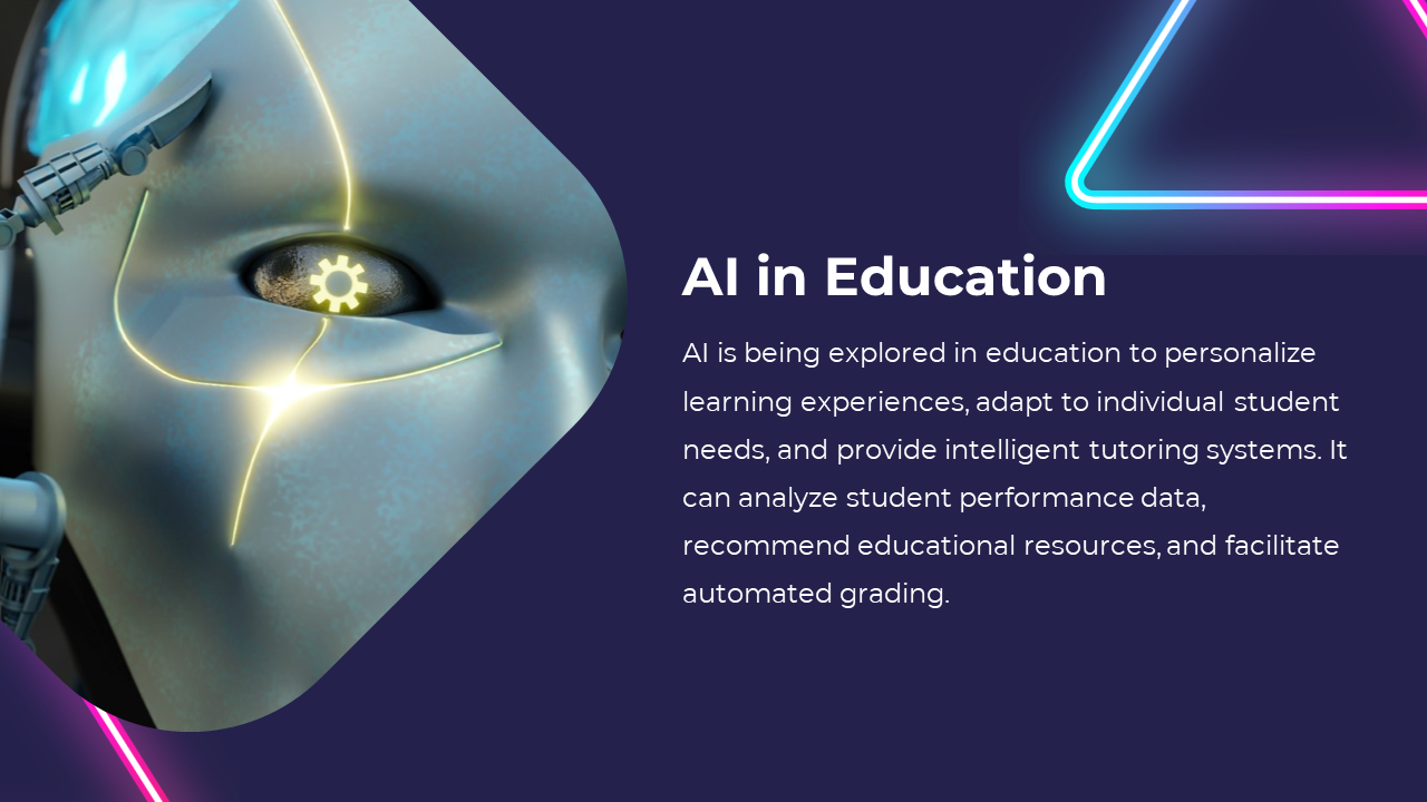 A futuristic image showing AI's role in education, with a robotic eye featuring a glowing gear symbol on a dark backdrop.
