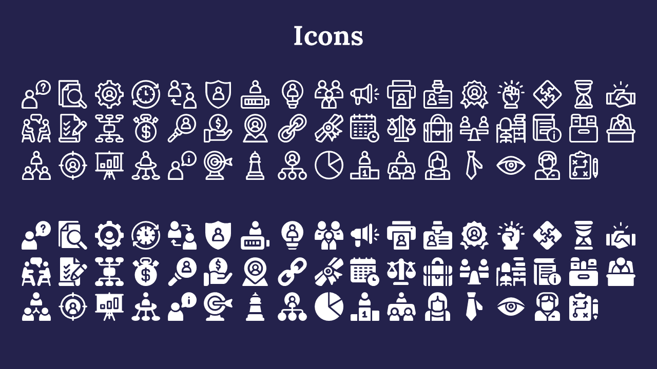 A set of white icons featuring concepts like management, security, analysis, and technology on a blue backdrop.