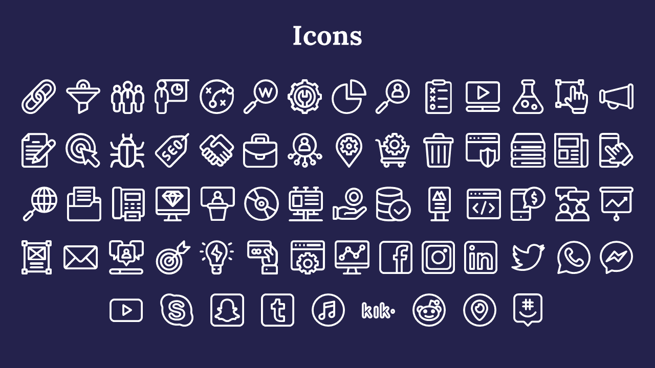 A set of white outline icons showing tools for marketing, business, analytics, and communication across various platforms.
