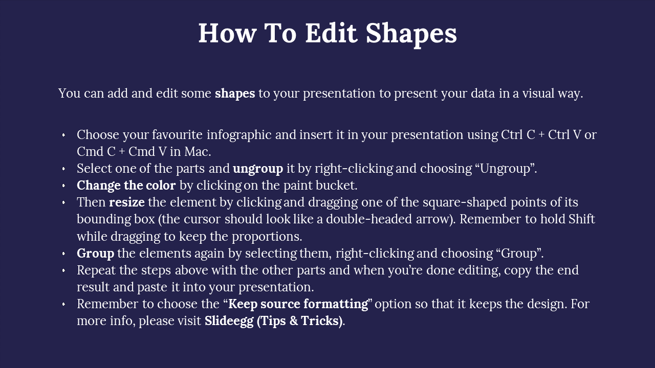 A tutorial slide detailing how to edit shapes in PPT, with instructions on ungrouping, resizing, and changing colors.