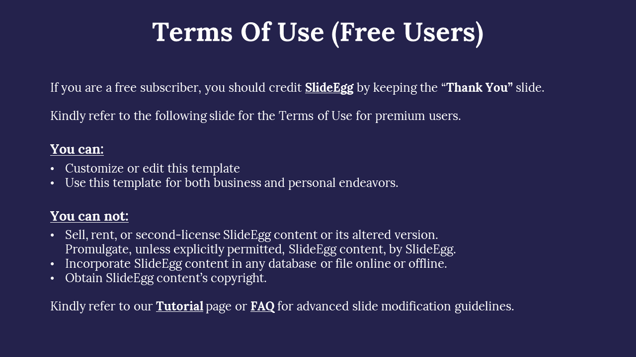 Terms of use for free subscribers, highlighting the ability to customize and use the template on a dark blue backdrop.