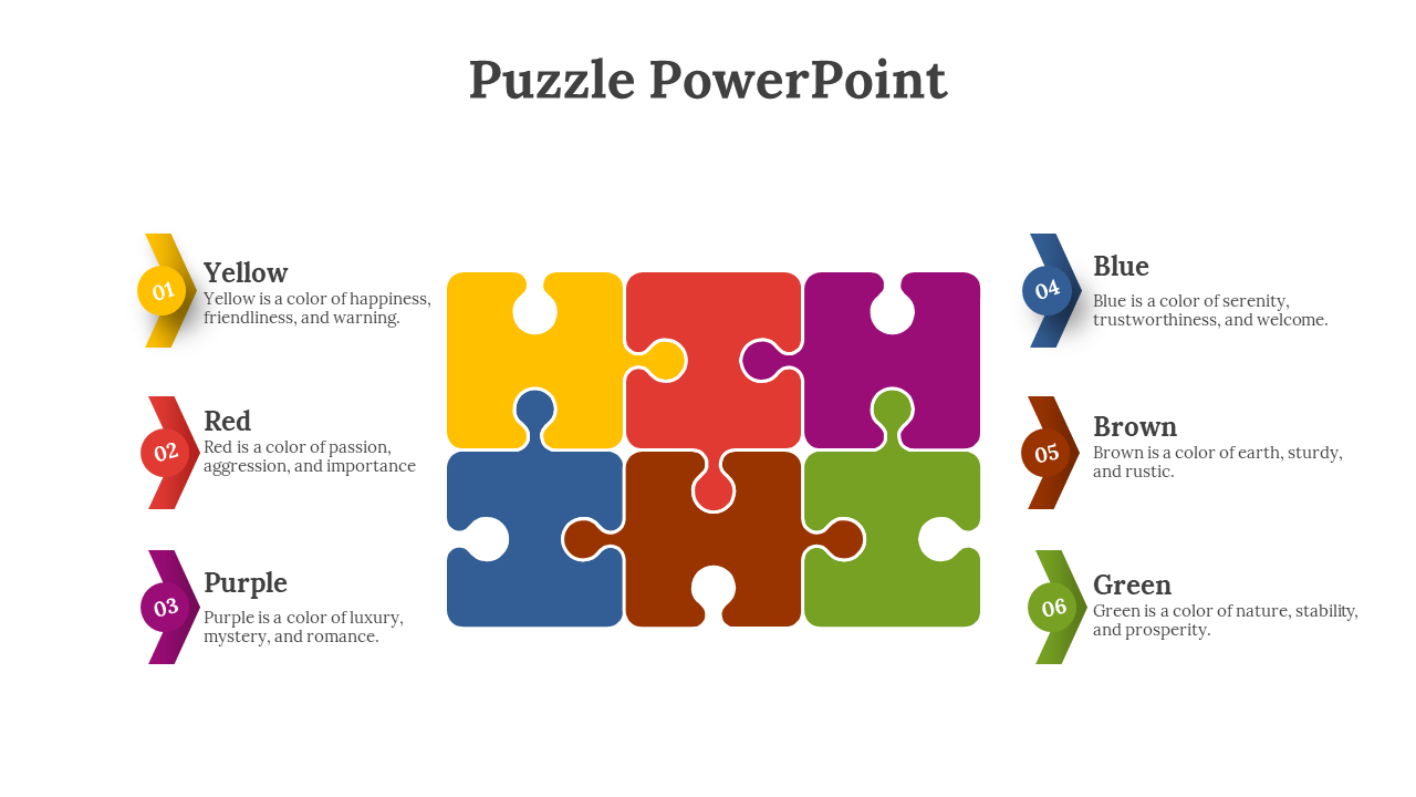 Colorful puzzle featuring six pieces in yellow, red, purple, blue, brown, and green, with descriptions and numbered labels.