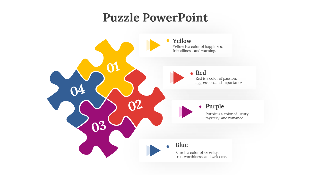 Puzzle pieces in yellow, red, purple, and blue with number labels and arrows indicating descriptions for each color.