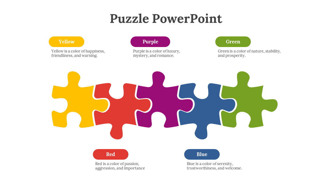 Five puzzle pieces in yellow, red, purple, blue, and green with corresponding text labels describing the colors meanings.