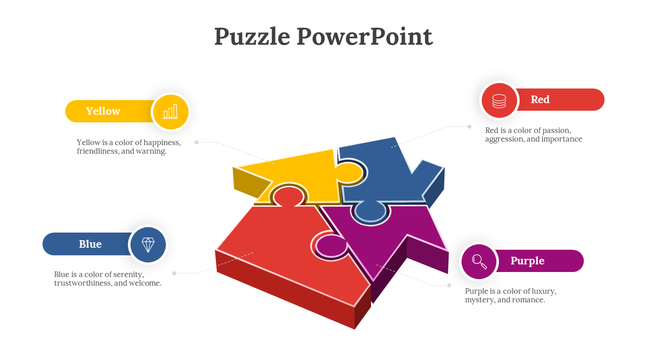 3D puzzle graphic with four vibrant pieces in yellow, red, blue, and purple, each containing a descriptive text box.