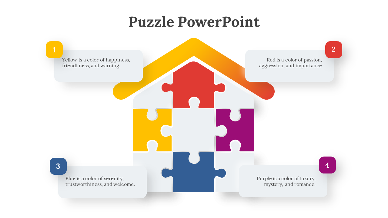 House shaped puzzle with four distinct colored pieces, paired with a numbered descriptions in yellow, red, blue, and purple.