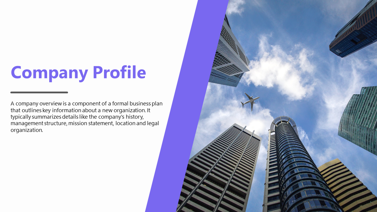 Purple themed slide with an upward view of buildings and a plane, featuring a description of a company profile on the left.