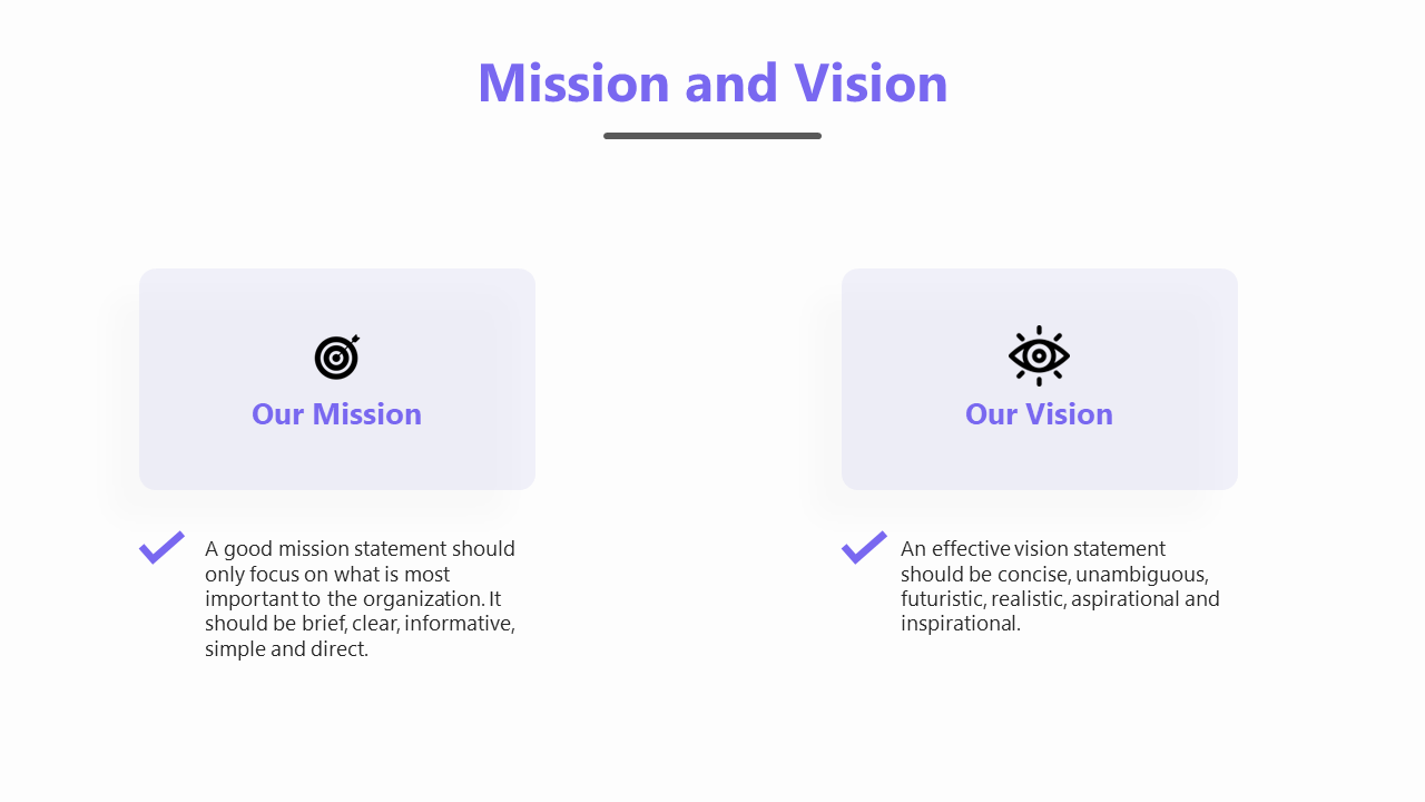 Purple themed slide with two sections side by side for mission and vision, each with an icon and brief text.