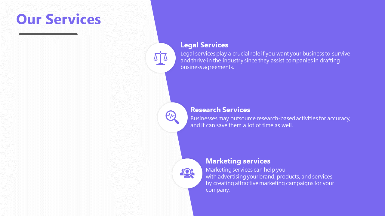 Two tone slide with white and purple accents, featuring three icons and text explaining service categories.