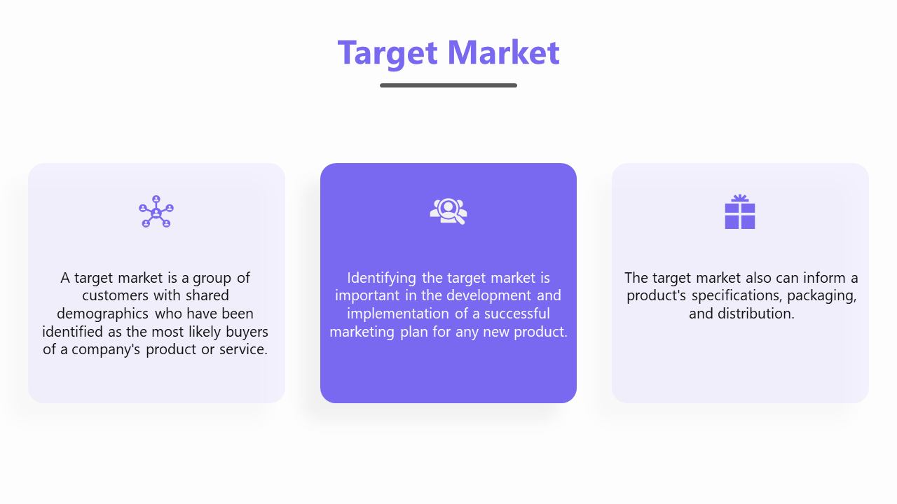Three informational blocks in purple and gray describing target market concepts with icons, on a white background.