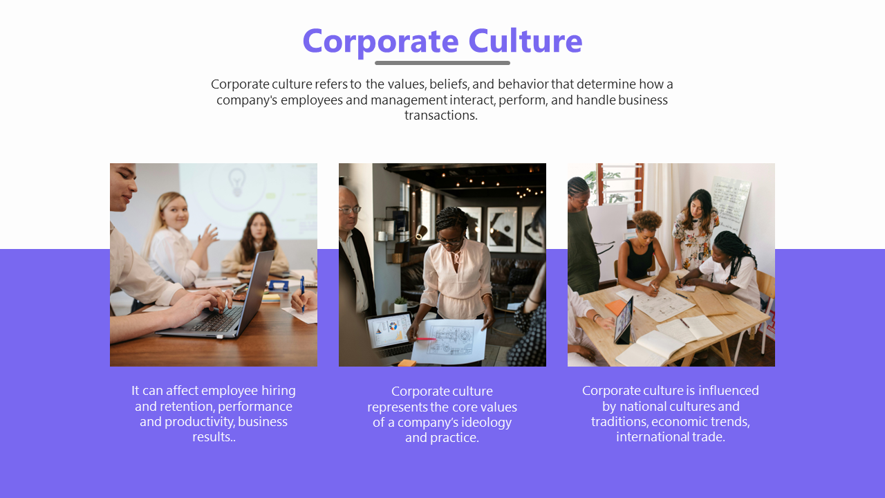 Three photos depicting workplace collaboration with text describing corporate culture, with purple highlights.