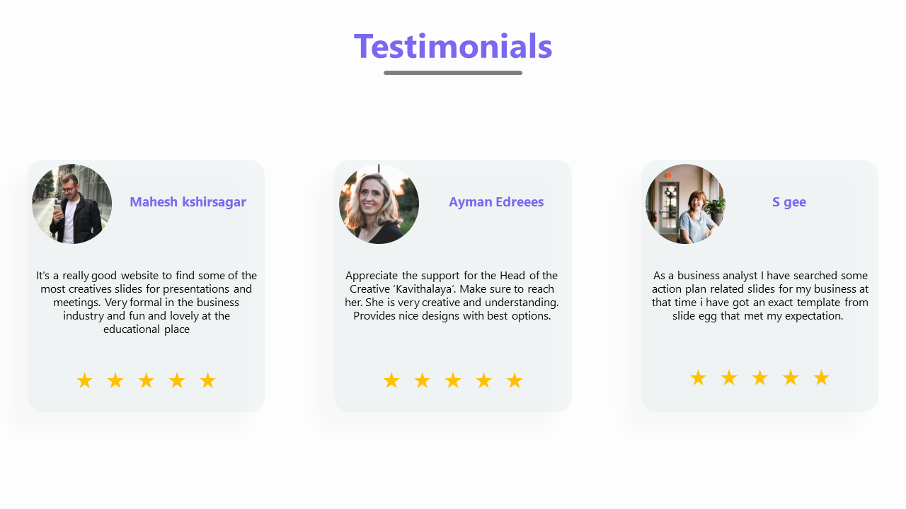 White background with three testimonial cards featuring circular photos, yellow star ratings, and purple accents.