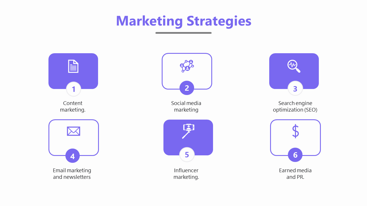 Slide with six outlined and filled purple boxes, each containing an icon for a marketing strategy, arranged in two rows.