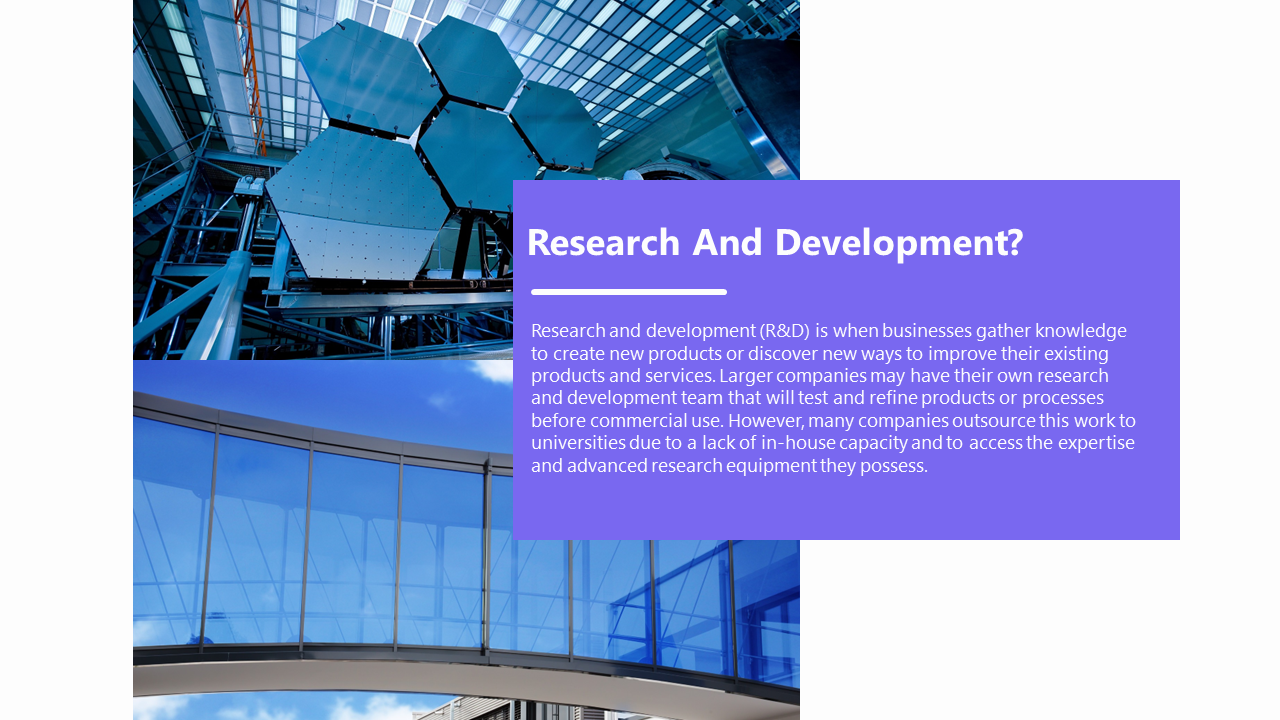 Research and development slide with a purple box containing text alongside images of advanced machinery and architecture.