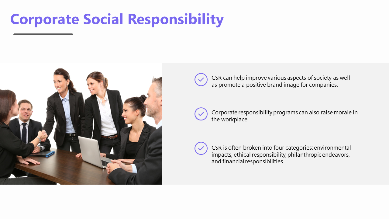 Slide displaying the importance of CSR with three bullet points, and an image of a group of business people shaking hands.