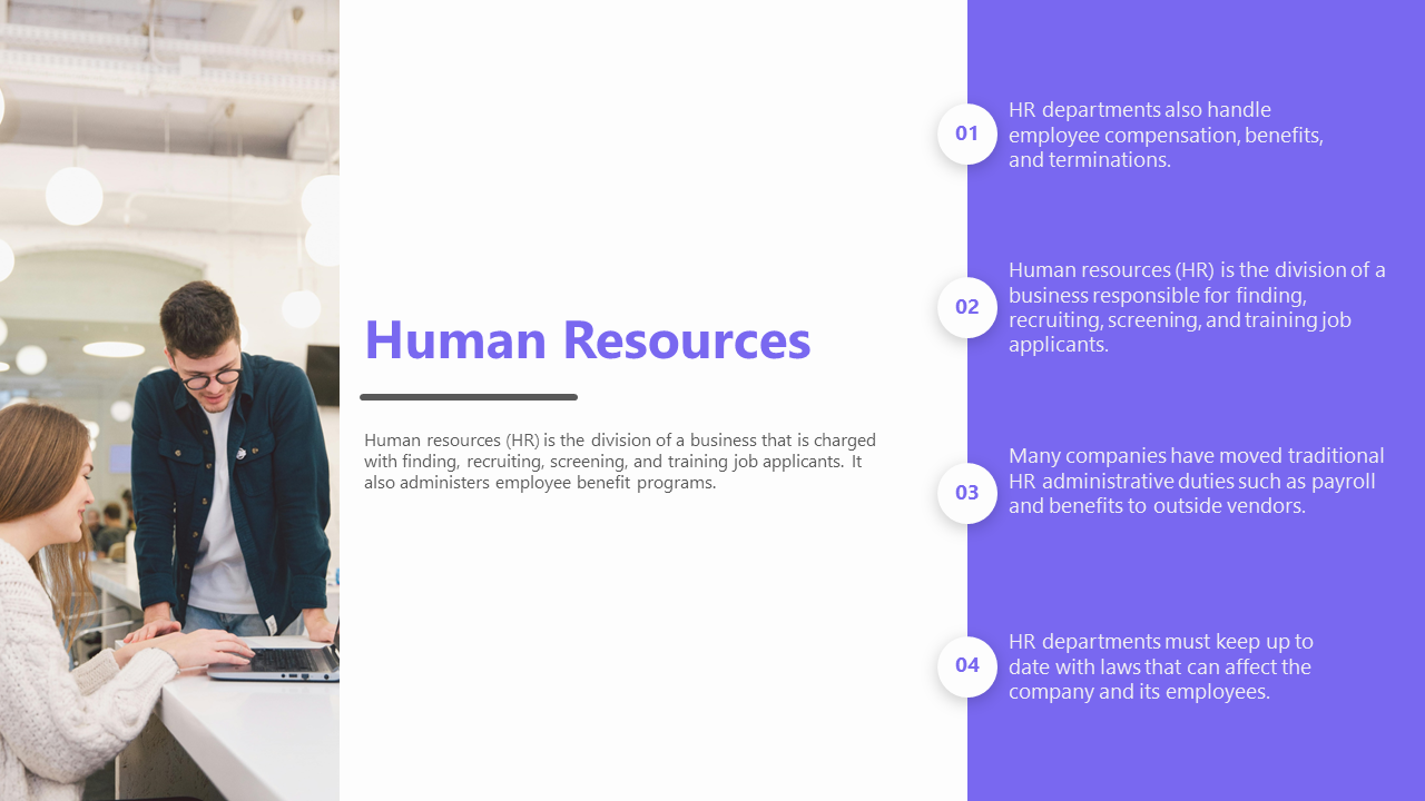 Human resources slide with a purple layout, showing numbered points next to a photo of two people at work.