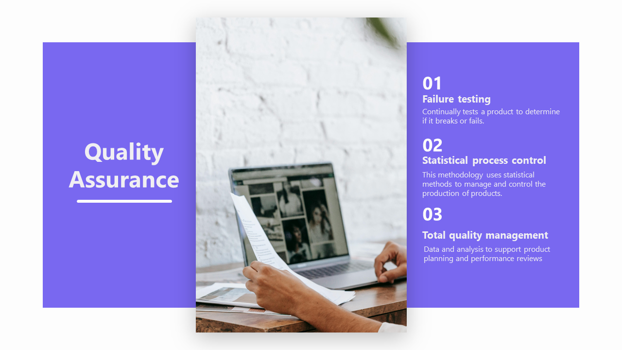 Purple themed quality assurance slide with three numbered points, paired with an image of a laptop and documents.