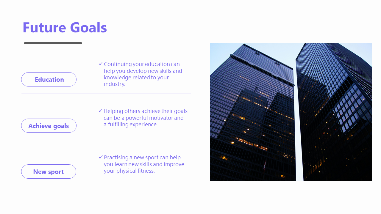 White slide with three purple bordered boxes for goals, paired with an image of modern skyscrapers on the right.