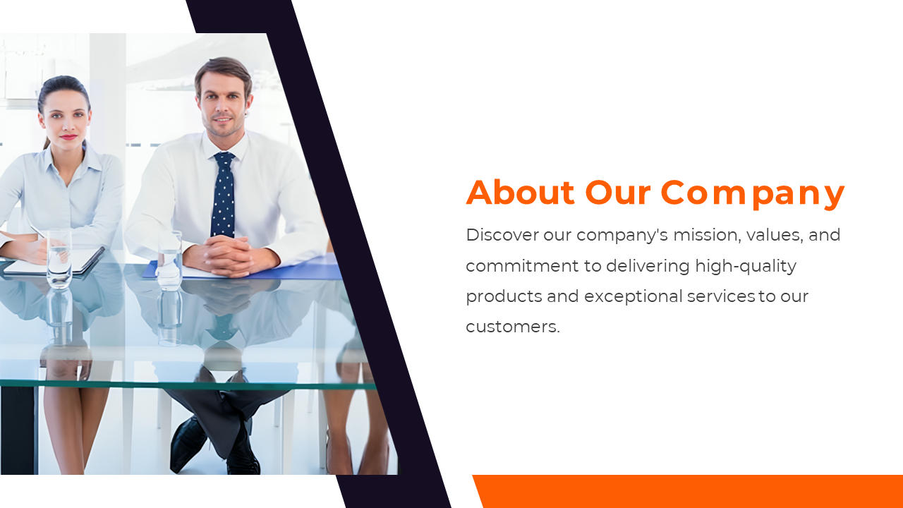 Slide with a photo of a man and woman seated at a desk, with text describing about the company.