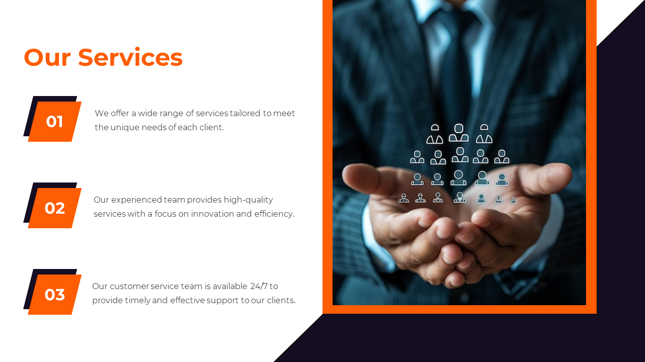 Our services slide featuring a business professional holding digital icons of people, with three orange points listed.