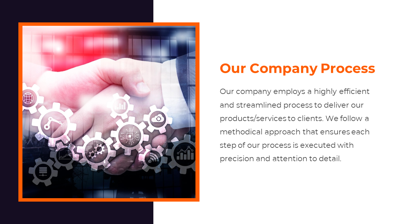 Our company process slide featuring a handshake image with overlaid gear icons and digital technology symbols.
