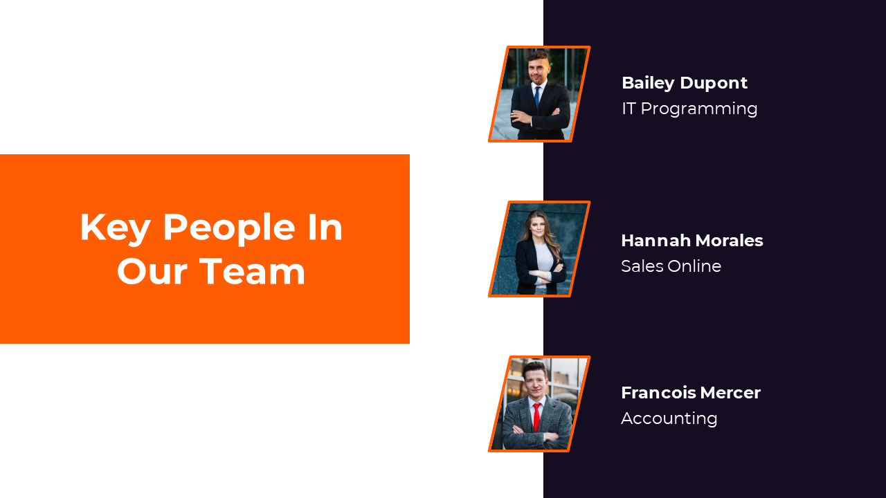 Slide featuring key people in our team with orange text, displaying three portraits of team members and their roles.