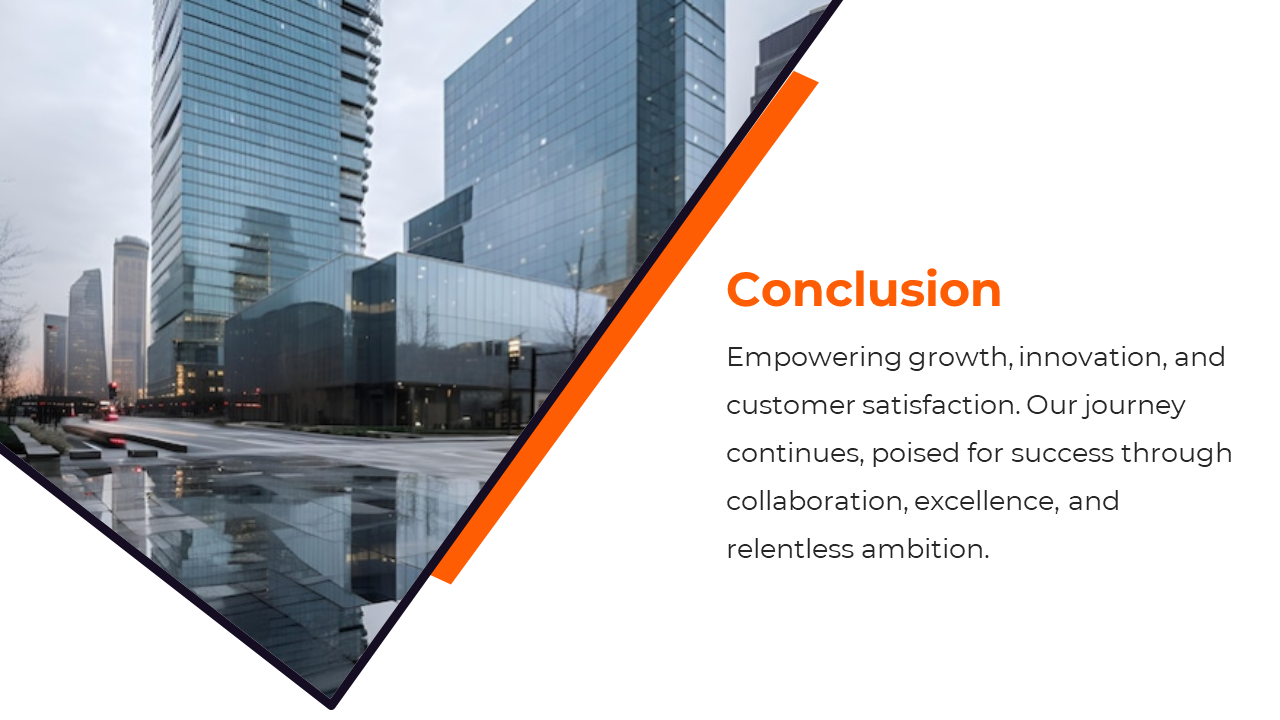 Sleek conclusion slide featuring a cityscape photo with a modern orange and  white design, emphasizing growth and innovation.